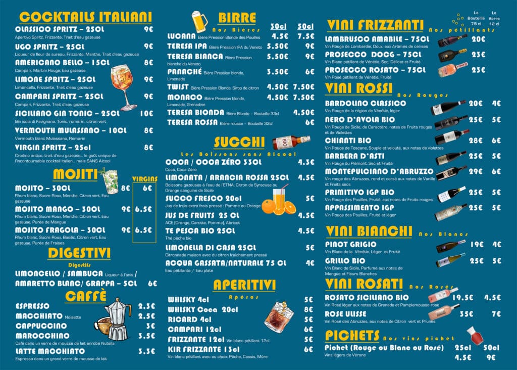 Carte des boissons restaurant Mangia Restaurant italien