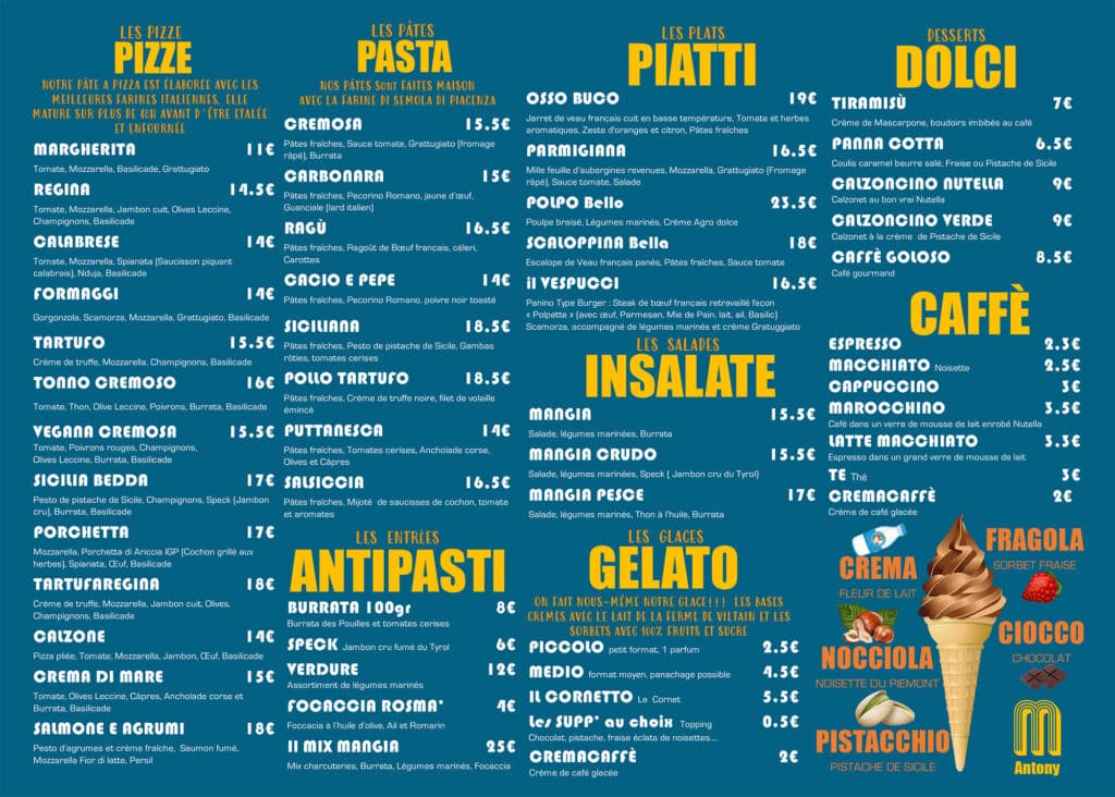 Carte des plats et desserts restaurant italien Mangia Antony
