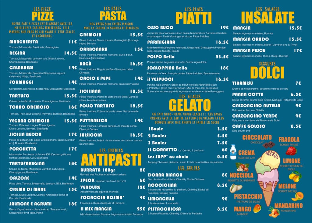 Carte des plats et desserts restaurant italien Mangia Vélizy