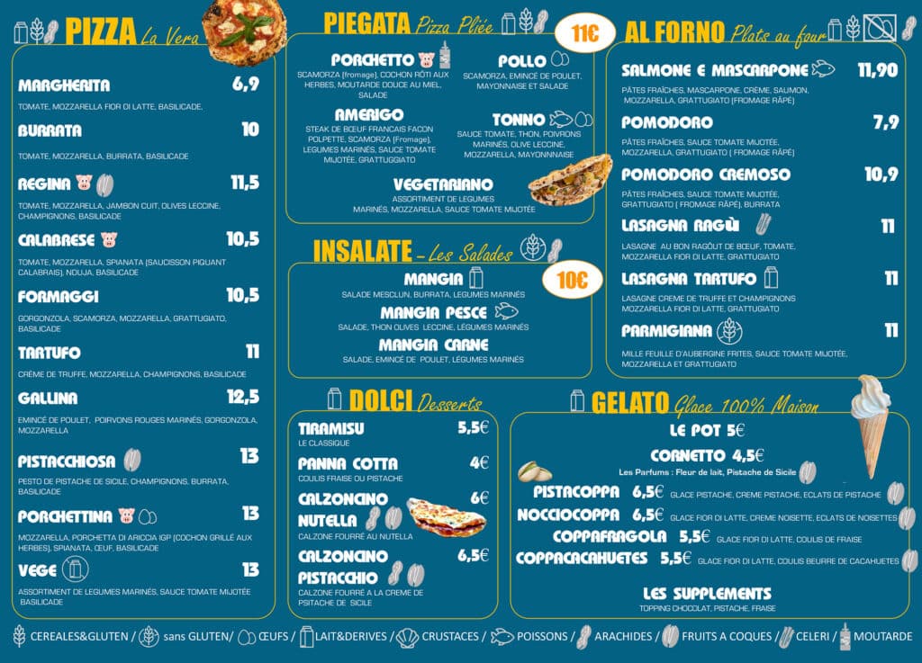 Carte des plats et desserts restaurant italien Mangia Montrouge